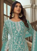 Sea Green Net Embroidered Palazzo Suit for Ceremonial - 1