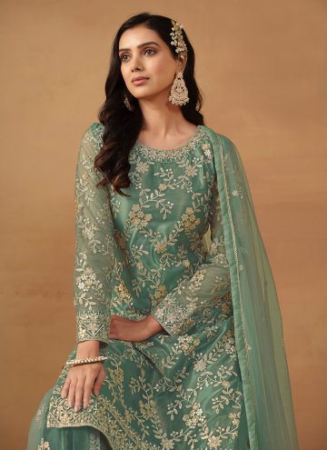 Sea Green Net Embroidered Palazzo Suit for Ceremonial