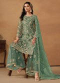Sea Green Net Embroidered Palazzo Suit for Ceremonial - 2