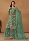 Sea Green Net Embroidered Palazzo Suit for Ceremonial - 3