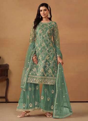 Sea Green Net Embroidered Palazzo Suit for Ceremon