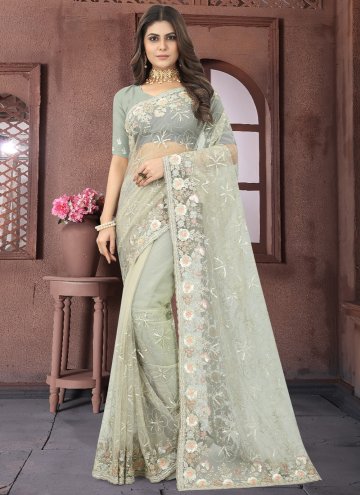 Sea Green Net Embroidered Trendy Saree for Engagement