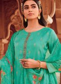 Sea Green Pant Style Suit in Jacquard with Embroidered - 1