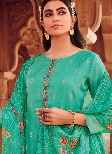 Sea Green Pant Style Suit in Jacquard with Embroidered