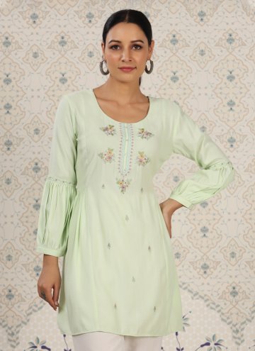 Sea Green Party Wear Kurti in Rayon with Embroidered