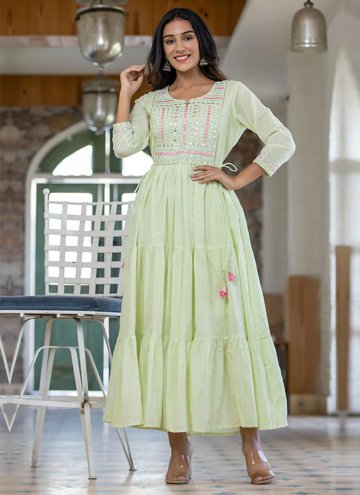 Sea Green Readymade Designer Gown in Cotton  with Embroidered