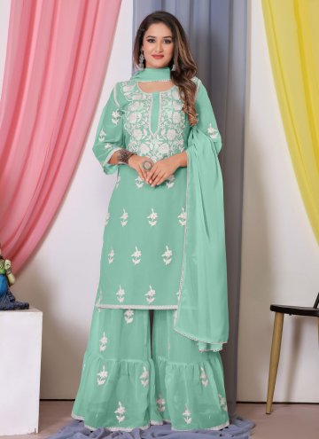 Sea Green Salwar Suit in Georgette with Embroidere