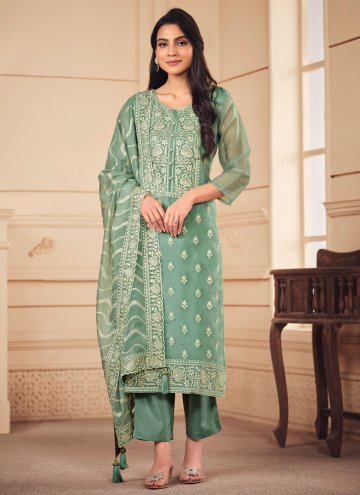 Sea Green Salwar Suit in Organza with Embroidered