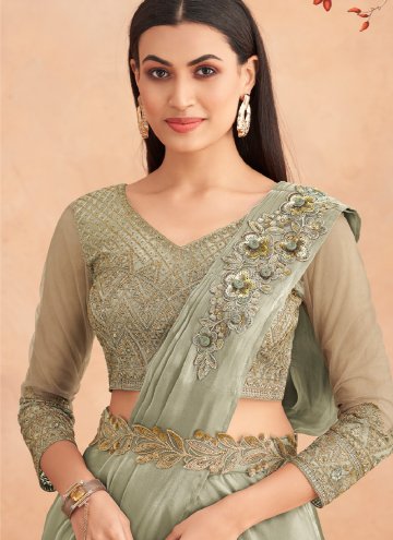 Sea Green Silk Embroidered Lehenga Style Saree for Engagement