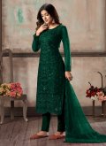 Sequins Work Net Green Pant Style Suit - 1