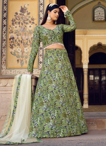 Silk A Line Lehenga Choli in Green Enhanced with Floral Print