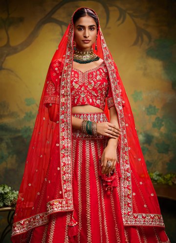 Silk A Line Lehenga Choli in Red Enhanced with Embroidered