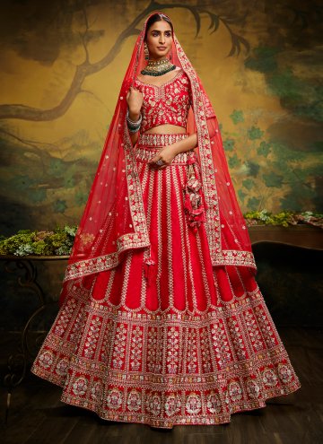 Silk A Line Lehenga Choli in Red Enhanced with Embroidered