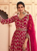 Silk Anarkali Suit in Hot Pink Enhanced with Embroidered - 1