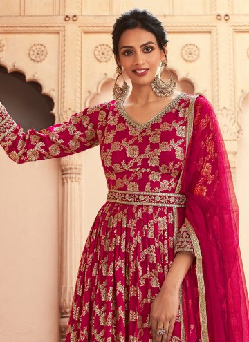 Silk Anarkali Suit in Hot Pink Enhanced with Embroidered
