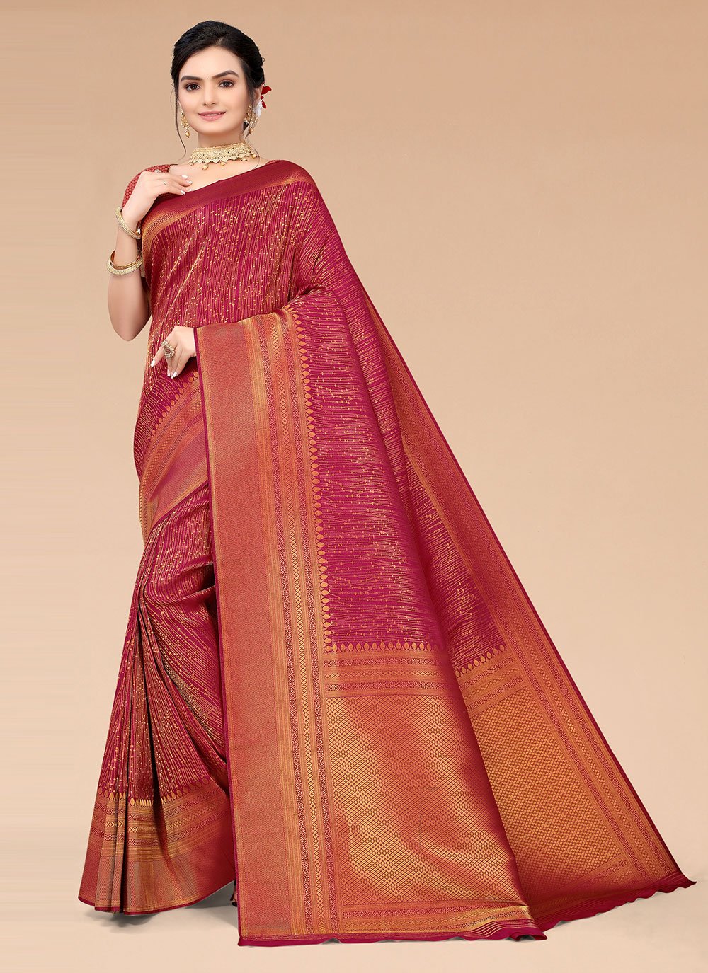 Silk Blend Designer Saree in Maroon Enhanced with Woven
