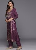 Silk Blend Pakistani Suit in Purple Enhanced with Embroidered - 1