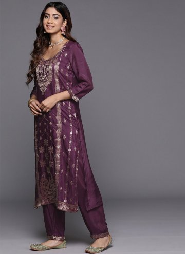 Silk Blend Pakistani Suit in Purple Enhanced with Embroidered