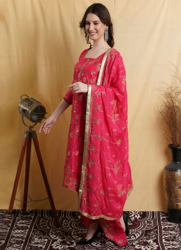 Silk Blend Palazzo Suit in Rani Enhanced with Resham Work