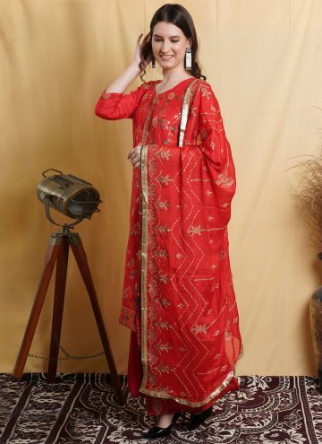 Silk Blend Palazzo Suit in Red Enhanced with Resham Work
