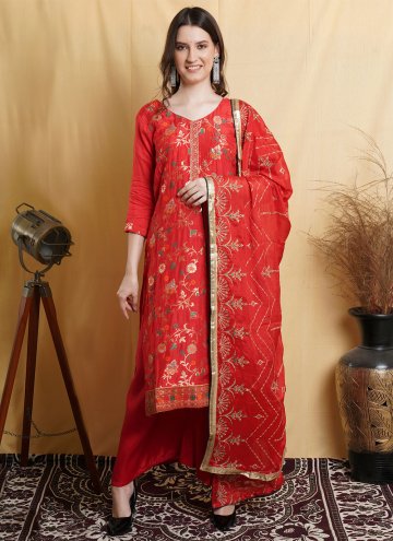 Silk Blend Palazzo Suit in Red Enhanced with Resha