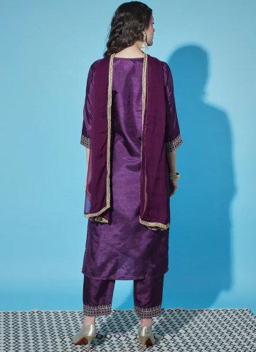 Silk Blend Pant Style Suit in Purple Enhanced with Embroidered