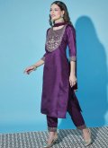 Silk Blend Pant Style Suit in Purple Enhanced with Embroidered - 2