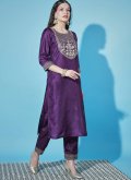Silk Blend Pant Style Suit in Purple Enhanced with Embroidered - 3