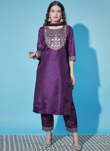Silk Blend Pant Style Suit in Purple Enhanced with