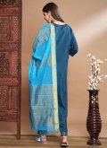 Silk Blend Pant Style Suit in Teal Enhanced with Embroidered - 1