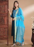 Silk Blend Pant Style Suit in Teal Enhanced with Embroidered - 2
