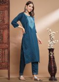 Silk Blend Pant Style Suit in Teal Enhanced with Embroidered - 3