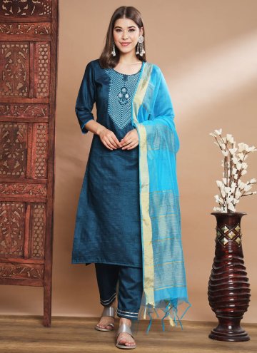 Silk Blend Pant Style Suit in Teal Enhanced with Embroidered