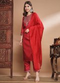 Silk Blend Salwar Suit in Red Enhanced with Embroidered - 2