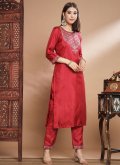 Silk Blend Salwar Suit in Red Enhanced with Embroidered - 3