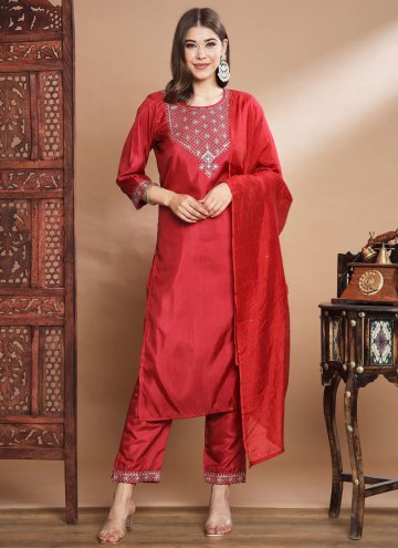 Silk Blend Salwar Suit in Red Enhanced with Embroi