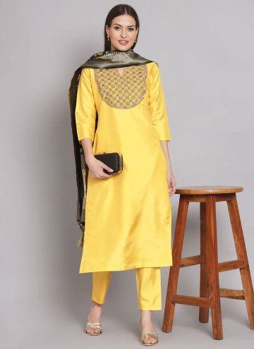 Silk Blend Salwar Suit in Yellow Enhanced with Emb