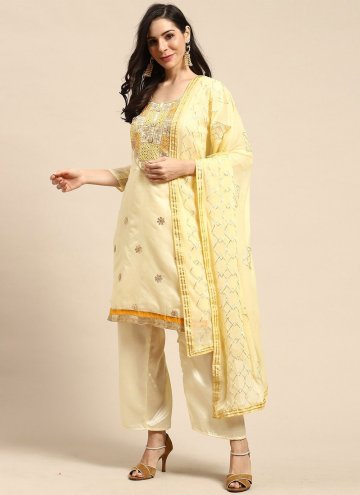 Silk Blend Straight Salwar Suit in Cream Enhanced 