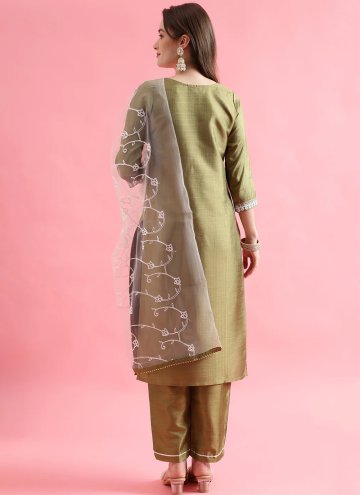 Silk Blend Trendy Salwar Kameez in Green Enhanced with Embroidered