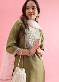 Silk Blend Trendy Salwar Kameez in Green Enhanced with Embroidered - 4