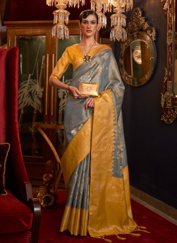 Silk Classic Designer Saree in Grey Enhanced with 