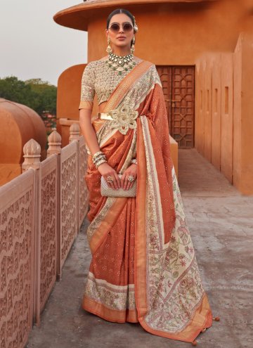 Silk Classic Designer Saree in Orange Enhanced with Print