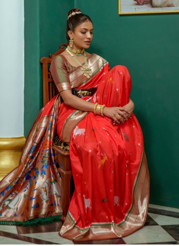 Silk Classic Designer Saree in Orange Enhanced with Woven
