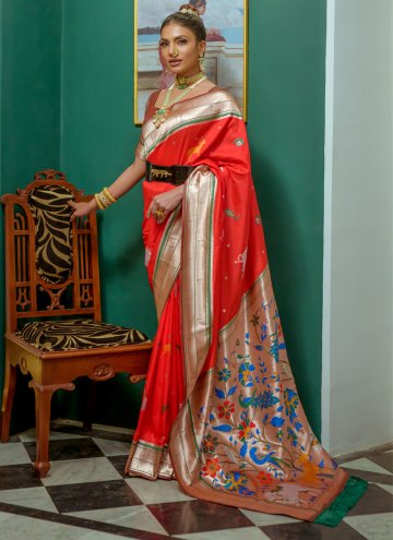 Silk Classic Designer Saree in Orange Enhanced wit
