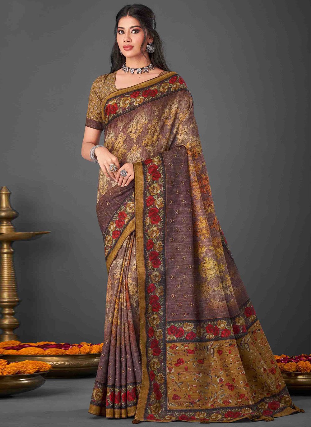 Silk Classic Designer Saree in Purple Enhanced with Digital Print