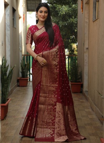 Silk Classic Designer Saree in Wine Enhanced with Bandhej Print