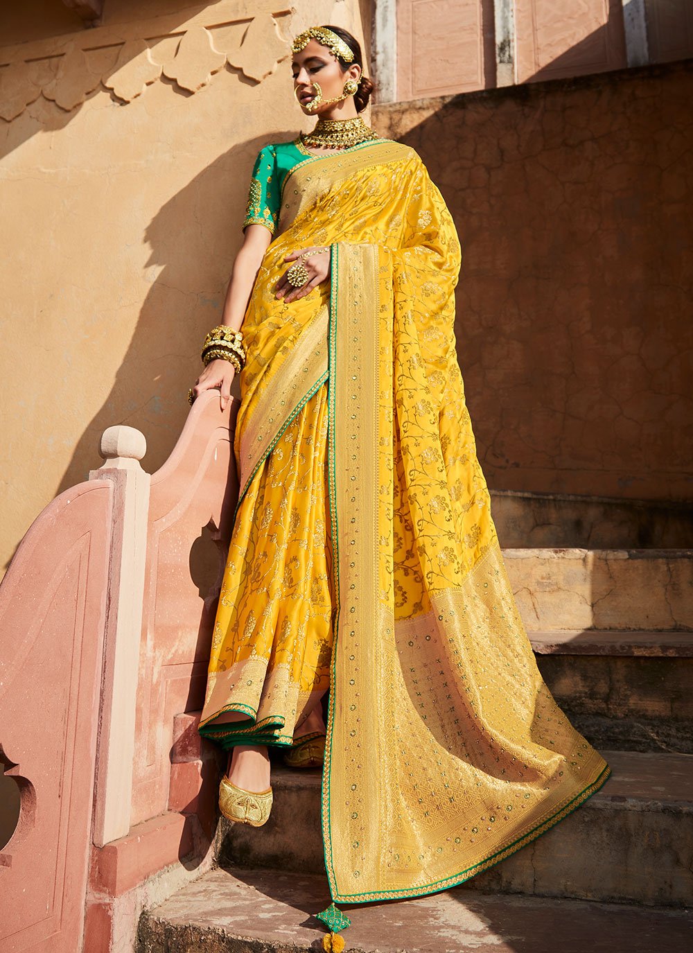 Silk Classic Designer Saree in Yellow Enhanced with Woven