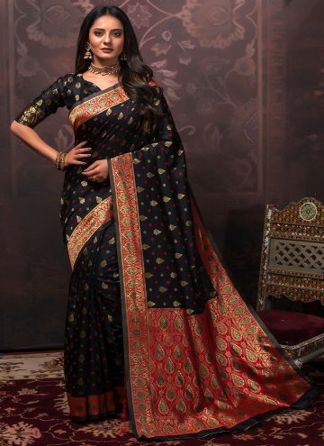 Silk Contemporary Saree in Black Enhanced with Woven