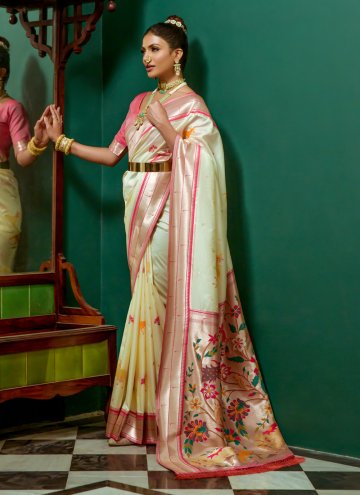 Silk Contemporary Saree in Cream Enhanced with Woven