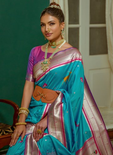 Silk Contemporary Saree in Firozi Enhanced with Woven